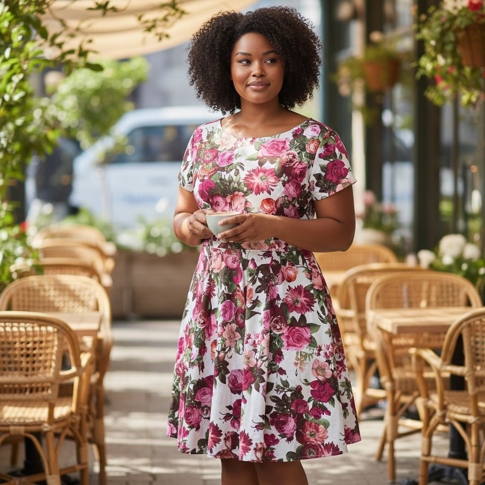 Pink Floral Rose Fit and Flare Dress Retro Summer Floralcore‎ Flowy XXL